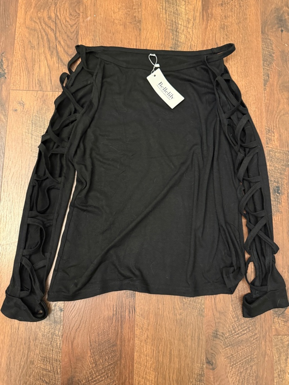 Bellelily Black Long Sleeve Lattice-Sleeve Top